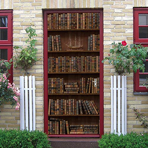LuSeven 3D Tür Aufkleber für Schlafzimmer Küche Toilette Bücher Bücherregale Bibliothek 90x200cm(35.43 inches * 78.74 inches) Türtapete Wandbild Selbstklebend Art Decals urwald Haus Dekoration Türfoli