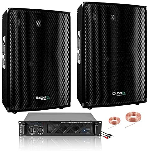 IBIZA Sound Light Pack Sono 2800W Total 2 Enceintes 3 Voies 2x600w - Ampli Ventilé 2x800w - Câblage - Idéal Salle des fêtes Club Mariage