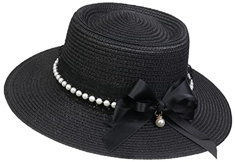 JK Home Panama Eté Femme Chapeau de Soleil avec Nœud de Papillon Capeline Large Bord pour Plage Mariage Camping Noir