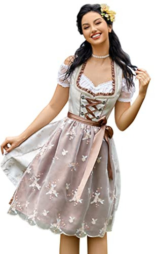 Clearlove Dirndl Damen midi 3tlg.Trachtenkleid für Oktoberfest ,Karneval,DREI Teilig: Kleid, Bluse, Schürze(Verpackung MEHRWEG),Khaki-spitze,36