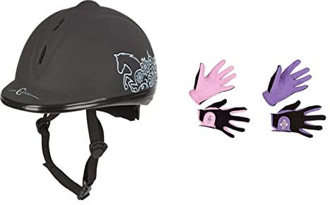 Covalliero Helm Reithelm Beauty VG1, Schwarz, 52-55 cm & Kinder Kinderreithandschuh Lilli Black/Purple, Größe S Reithandschuh, S