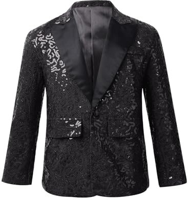 CHICTRY Pailletten Sakko Kinder Glitzer Jacke Jungen Langarm Anzugjacke Party Reverskragen Blazer Anzug Jacket Mit Ein Knopf Festlich Schwarz 146-152