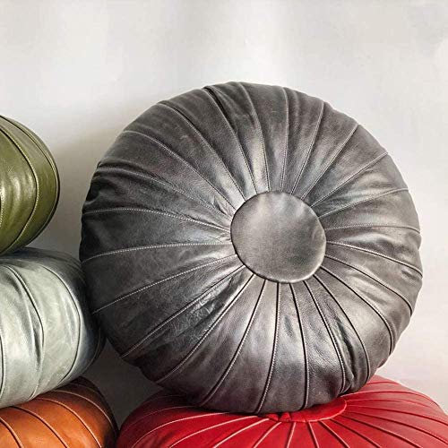 Collic Fußschemel Rund Osmanische Pouf, Marokkanischer Echtes Kuhleder Leder Große Poffes Couchtisch Kissen Handgefertigt Böhmische Wohnzimmerdekoration/Dunkelgrau/70 * 26Cm(28 * 10Inch)