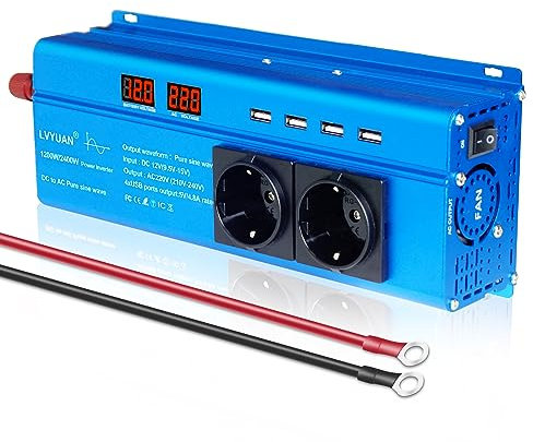 Cantonape Inversor de Corriente 12v a 220v 1200W/2400W Onda Pura, Transformador 12V a 220V para Coche con 2 Enchufes AC 4 Puertos USB(4 Fusibles, Pantalla LCD)