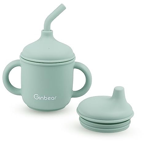 Ginbear 2-in-1 Sip-N-Straw Cup for Baby, Spill Proof Non-Toxic BPA Free Food Grade Silicone Training Transition Sippy Cup for Toddler 6 Months+ (Hazy Green)