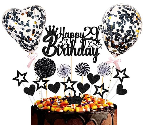Guoguonb Schwarz Tortendeko Happy 29th Birthday 29 Jahre Männer Damen Kuchendeko Herz Stern Ballon Glitter Cake Topper für 29. Geburtstag Party Kuchen Deko