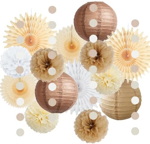 Party Deko Beige Braun Weiß Pompons Beige Creme Neutral Party Deko Boho für Vintage Babyparty Deko Beige Geburtstagsdeko Hochzeitsdeko