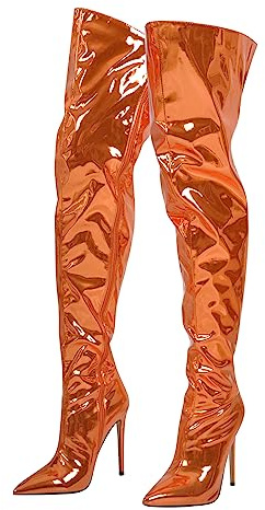 blingqueen Overknee Damen Stiefel Stiletto Metallic Boots Lack Orange 40 EU