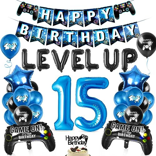 Videospiel Luftballon 15. Geburtstag Blau, 15 Jahre Junge Spiel, Ballons Blau Schwarz, Zahl 15 Folienballon, für Kinder Junge Party Dekoration