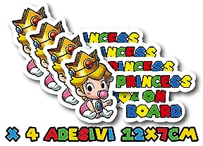 x4 Adesivo per Auto Bimba a Bordo a Tema Super Mario - Baby on Board Princess on Board con un Tocco di Giocosità e Stile - Acquista Ora per una Guida Divertente!