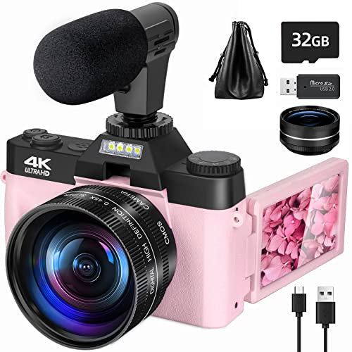 Digitalkamera 4K 48 MP mit 180° drehbarem Display, 16-facher Zoom, WiFi für sofortiges Teilen, Weitwinkelobjektiv & Makro, ideal für Reisen & Vlogging, Karte 32 GB & Mikrofon inklusive