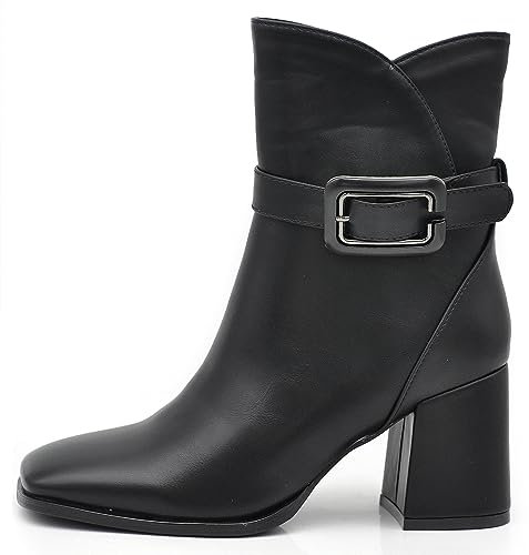 IF Fashion Scarpe da Donna Stivali Stivaletti Tronchetti Tacco Grosso Punta Quadrata Fibbia XG105 nero N.37