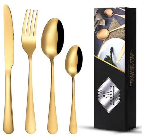 16-Piece Gold Stainless Steel Flatware Set, LAVISHLY Mirror Polished Cutlery for 4 People, Durable & Dishwasher Safe Tableware