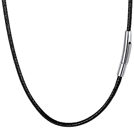 Chaîne Collier Homme Noir Cordon de Cire Imperméable, Chaîne en cuir véritable Noir Épaisseur 2/3/4 mm avec fermoir mousqueton en acier inoxydable - Longueur 46/51/56/61cm (46.00, noir-largeur 2 mm)