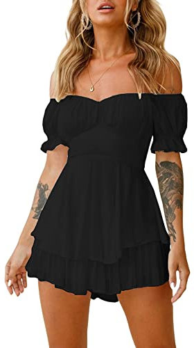 Women Puff Sleeve Square Neck Romper Dress Off Shoulder Ruffle Shorts Smocked Layered Flowy Jumpsuit Beach Swing Dress (A-Black, L)