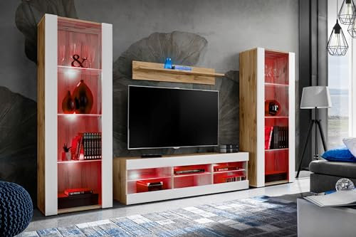 Komodee Wohnwand Wohnzimmerset Tivoli Grande, Weiß/Wotan, Breite 250cm x Höhe 159cm x Tiefe 35cm, LED RGB, für Wohnzimmer, Schlafzimmer