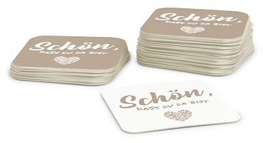 Schön DASS Du da bist Bierdeckel aus Pappe I Eckige Tischdeko Beige (50 Stück) Deko aus umweltfreundlicher Holzschliffpappe (9,3cm x 9,3cm)
