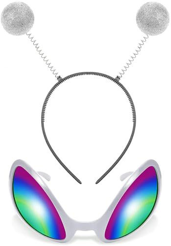 YIZHIXIANGQ Glitzer Alien Haarreif, Alien Haarband Silber, Alien Kopfschmuck, Unisex Haarband, Alien Regenbogenlinse Sonnenbrille, Stirnband für Mottoparty, Outfit Party
