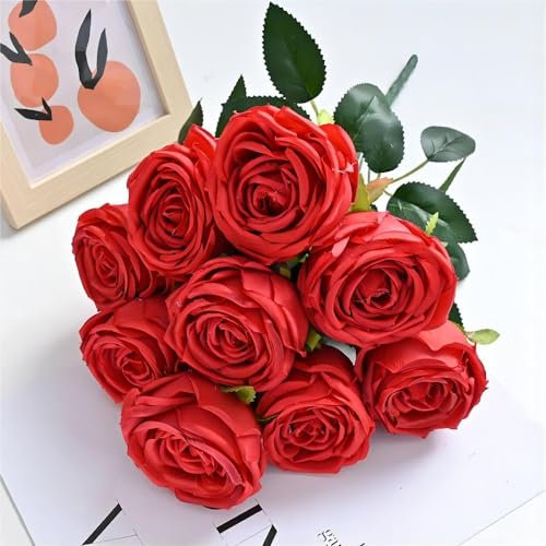 Jasion Künstliche Rose mit Stiel, Seidenblume, realistischer Blumenstrauß für Zuhause, Hochzeit, Party, Dekoration, ohne Vase (rot)