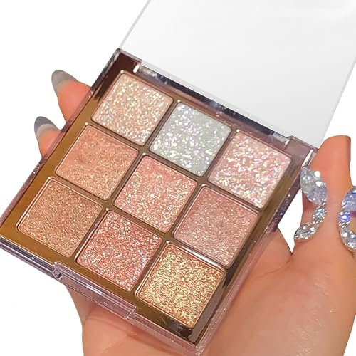 Glitter Eyeshadow Palette,9 Colour Eye Shadow Pallets for Girls, Shimmer Waterproof Eyeshadow Palette,Gold, White, Pink Highly Pigmented Glitter Eye Make-Up Palettes