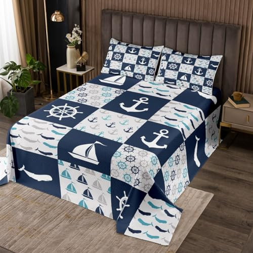 Nautische Anker Tagesdecke L Größe,Wal Segelboot Druck Bettwäsche Set Kinder Jungen Teens Männer Zimmer Dekor,Sea Life Ocean Abenteuer Tröster Set Navy Weiß Plaid Patchwork Quilt Coverlet