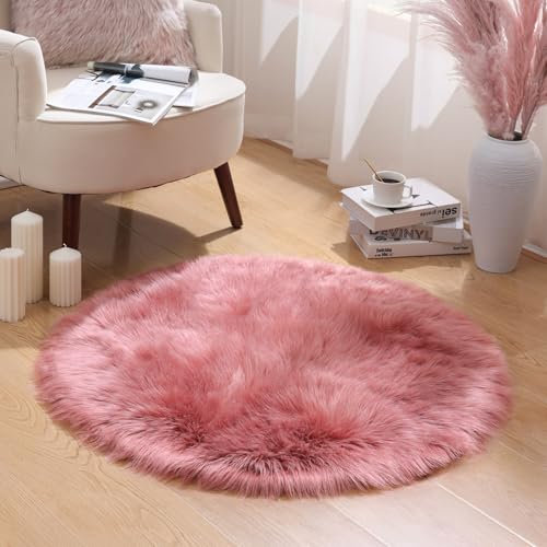 Ashler Tapis en fausse fourrure à poils longs, peau de mouton ultra douce, 91 x 91 cm, rond, lavable en machine, décoration de chambre, chambre d'enfant, salon, rose pâle