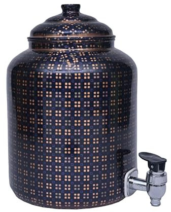 Copron Designer-Wasserspender (Matka) aus 100 % reinem Kupfer mit Deckel und Wasserhahn, 5 Liter Fassungsvermögen, 1,3 Gallonen Wasserbehälter zum Trinken schwerer Messwerte, zeitgenössischer Druck,