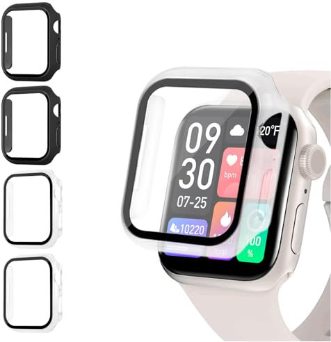 AOTUAO 4 Pack PC Case Cover with Screen Protector Compatible with Apple Watch Series 9 8 7 41mm, Tempered Glass Screen Protector Overall Protective Cover for iWatch 9 8 7 41mm,(2 Black 2 Trasparente)