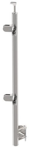Sellon24® Edelstahl Pfosten Ø42,4 ECKE IN Glas Bauhöhe 1000 mm mit 4 x Glashalter 63x45 mm 90 Grad Geländer V2A Geländer Balkon seitlich Pfostenrohr Rundrohr Terrasse vorgesetzt Trägerplatte