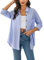 Irevial camisa lino mujer Blusa de Informal Elegante Tops con Botones Camiseta de Gran tamaño con cuello de pico de manga larga Camisa Mujer con Bolsillo Azul，XL