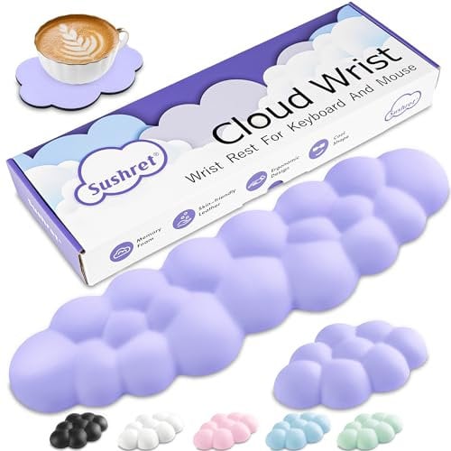 Sushret Cloud Wrist Rest Keyboard, Cloud Palm Rest Set with PU Leather Memory Foam, Cute Keyboard Rest for Wrist Support and Arm Rest, Desk Cloud Wrist Pad for PC/Gaming/Hand Cushion/Computer-Purple