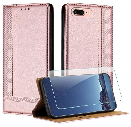 JayModCase Hülle für iPhone 8 Plus/iPhone 6S Plus/iPhone 6 Plus (5,5 Zoll) und Schutzfolie, Leder Flip Schutzhülle mit [Kartenfächer][Ständer][Stoßfest][Magnet] Handyhülle für iPhone 7+ - Roségold