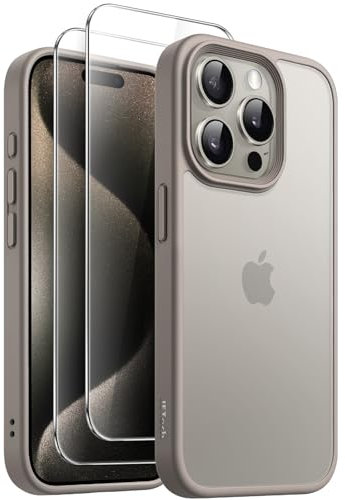 JETech 3 in 1 Matt Hülle für iPhone 15 Pro Max 6,7 Zoll mit 2 Stück Gehärtetes Glas Schutzfolie, Transluzente Gefrostete Stoßfest Telefon Abdeckung (Titan Natur)
