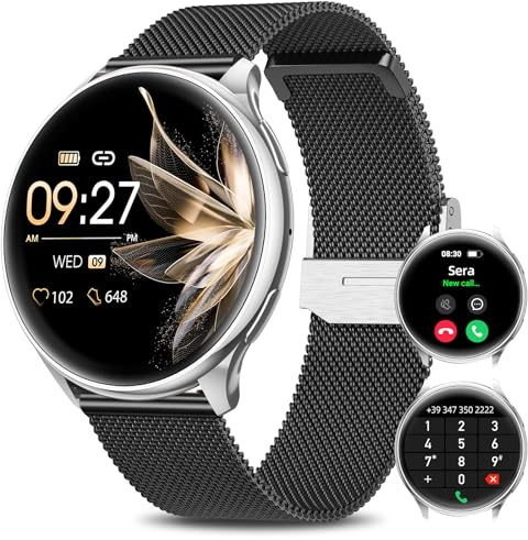 BANLVS Smartwatch Damen Telefonfunktion 1.32 Always-On-Display, IP68 Wasserdichter Armbanduhr mit Herzfrequenz/SpO2/Schlafmonitor/Menstruationszyklus Fitness Tracker für iOS Android Schwarz Silber
