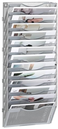 TQVAI 14 Pockets Wall File Holder, Mesh A4 Wall Mounted Document Holder, Hanging Wall Magazine Storage Rack, Desk Stationary Tidy Organiser in Tray for Office School Accessories, Silver