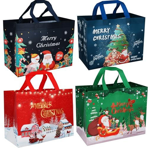 4 Stück Geschenktüten Weihnachten Groß, Non Woven Weihnachtstaschen Weihnachtstüten mit Griffen, Wiederverwendbare Weihnachtsgeschenktüten, Weihnachts Geschenktüten, 32.5 x 25 x 17 cm