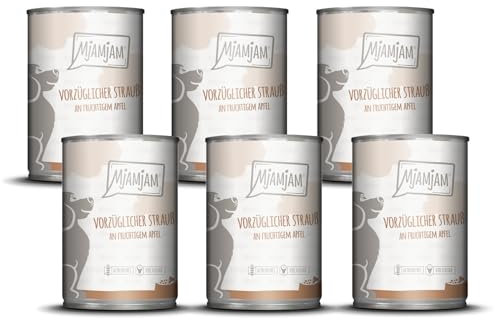MjAMjAM – Premium Nassfutter für Hunde - vorzüglicher Strauß an fruchtigem Apfel, 6er Pack (6 x 400g), getreidefrei mit extra viel Fleisch