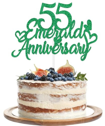 Gidobo 55th Emerald Anniversary Cake Toppers, Glittery Cake Decorations with Love Heart Pick for 55th Wedding Anniversary Party Supplies