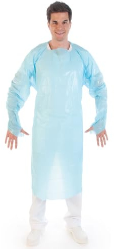 FRANZ MENSCH 100 Stück Hygostar Kittel Med mit Daumenloch | CPE, Box, blue, XL, L: 115cm, B: 100cm, Untersuchungskittel, Einwegkittel, Einmalkittel