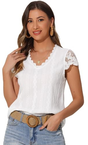 Allegra K Lace Summer Tops for Women's Christmas Dressy Short Sleeve Business Casual Shirts Large White