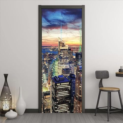 Tizhweqo Stickers Porte Trompe L'oeil New York New York Papier Peint Autocollant Porte Pour Chambre Salon Décoration Stickers Muraux Sticker Porte 86x200 cm a743
