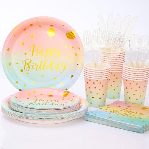 Pastel Birthday Rainbow Unicorn Birthday Party Plates and Cups and Napkins Sets