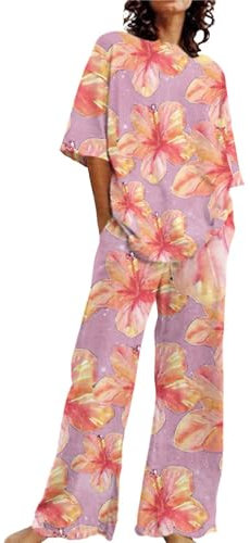 Pyjama-Set für Damen, niedliches 2-teiliges Baumwoll-Leinen-Set, übergroße T-Shirts, gerades Bein, Hose, Übergröße, Trainingsanzug, Damen, kurzes Set, Sommer, rose, XXL