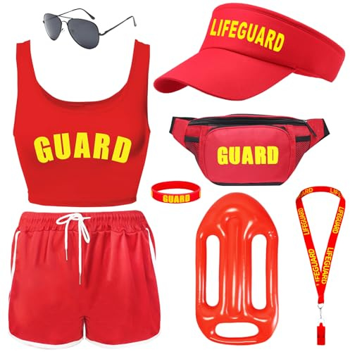 8 Stück Baywatch Kostüm Set, Rettungsschwimmer Kostüm Zubehör Kit mit Weste Shorts Aufblasbares Board für Herren Damen Erwachsene Strand Pool Halloween Cosplay Party