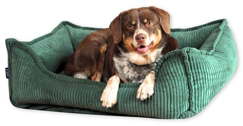 4L Textil Kuscheliges Hundebett aus Cord Hugo Premium-LINE Hundekorb orthopädisch Hundekissen flauschig Hundebett mit Bezug Memory Foam Hundesofa (Grün, 100x80 cm)