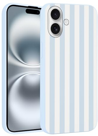 Foonary Stripes Phone Case for iPhone 16 Cute Fashion Pattern Case 6.1, Aesthetic Trendy Stylish Design Women Girly Cover Camera Protective Slim Silicone Shockproof, Blue