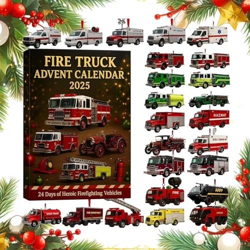 Feuerwehrauto Adventskalender 2025, Lustiger Weihnachts-Countdown-Kalender mit klassischen und modernen Feuerwehrautos für Kinder und Sammler – 24 Tage Weihnachts-Adventskalenderboxen