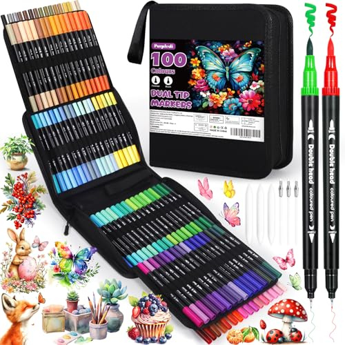 Purpledi Brush Pen Lettering, 100 Colori Pennarelli Doppia Punta Fine e Grossa Pennello, Pennarelli Punta Fine per Artisti, Pennarelli Acquerellabili Pennarelli Doppia Punta per Calligrafia, Dsegno