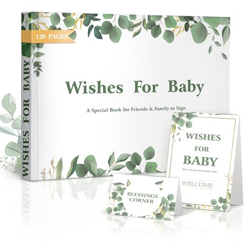 Baby Shower Guest Book Set for Baby Girl – Wishes for Baby, Greenery Botanical Hardcover, 120 Blank Pages, Table Sign & Welcome Card, Belly Band & Ribbon Bookmark, 21.5 x 14.5 cm