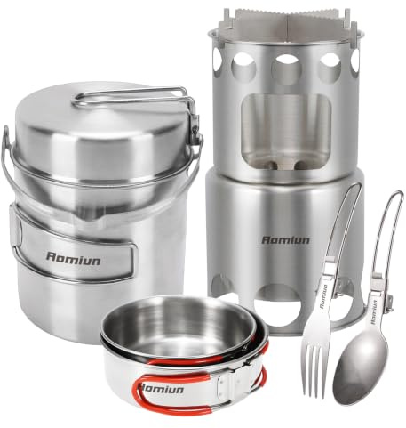 Aomiun Juego de Utensilios de Cocina para Acampar, Olla y Sartén de 1L con Estufa de Leña Plegable, Cuencos para Cocinar para Hervir Sopa y Freír